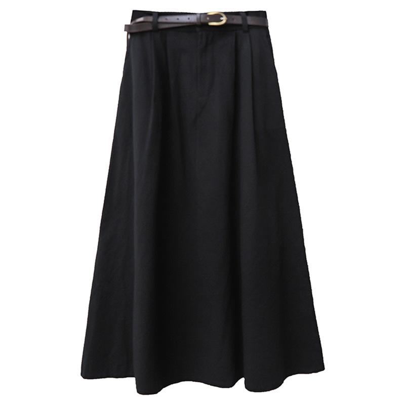 Versatile Washed Cotton Midi Skirt - High Waist, Solid Color, Double Pockets, Slimming A-line for Women, Early Autumn.