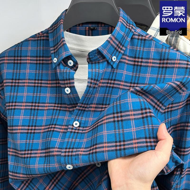ROMON Men s Brushed Cotton Plaid Long Sleeve Shirt L