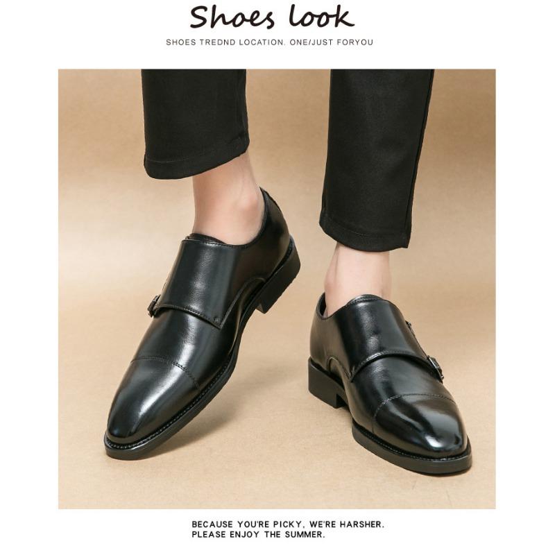 Męskie Skórzane Buty Formalne z Podwójnym Paskiem Monk Strap - Wsuwane Polerowane Buty Biznesowe
