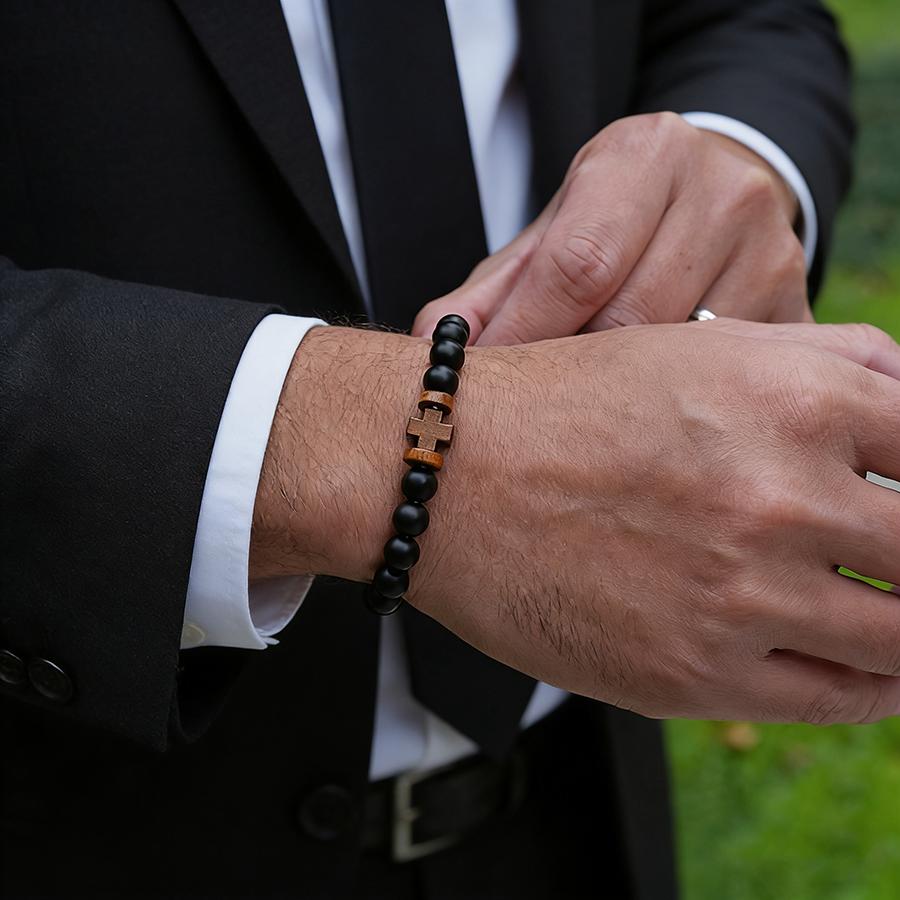 Braccialetto Noter New Cross per Uomo Legno Naturale Meditazione Guarigione Preghiera Charms Braccialetto 3 Opzioni di Colore Accessori Casual da Polso