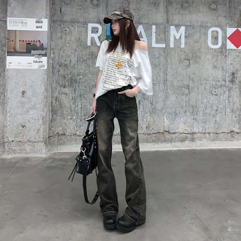 

Женские джинсы микроклеш с высокой посадкой, темно-коричневые, в стиле ретро, с потертостями, стройнящие, осенний стиль Large