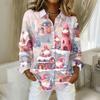 Women's Christmas Printed Button Up Long Sleeved Casual Regular Shirt With Collar Top
