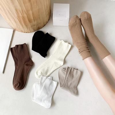 6 Pairs Autumn and Winter Pure Color Women Loose Socks Rib Cotton Fashion Basic Daily Classic Female Sock