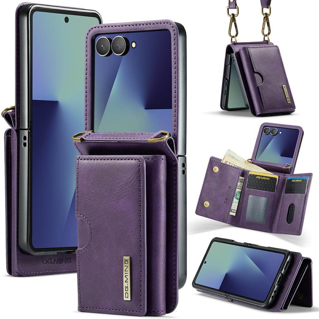 DG.MING M6 Series For Samsung Galaxy Z Flip7 5G Foldable Case PU+PC Phone Cover with Wallet/Shoulder Strap