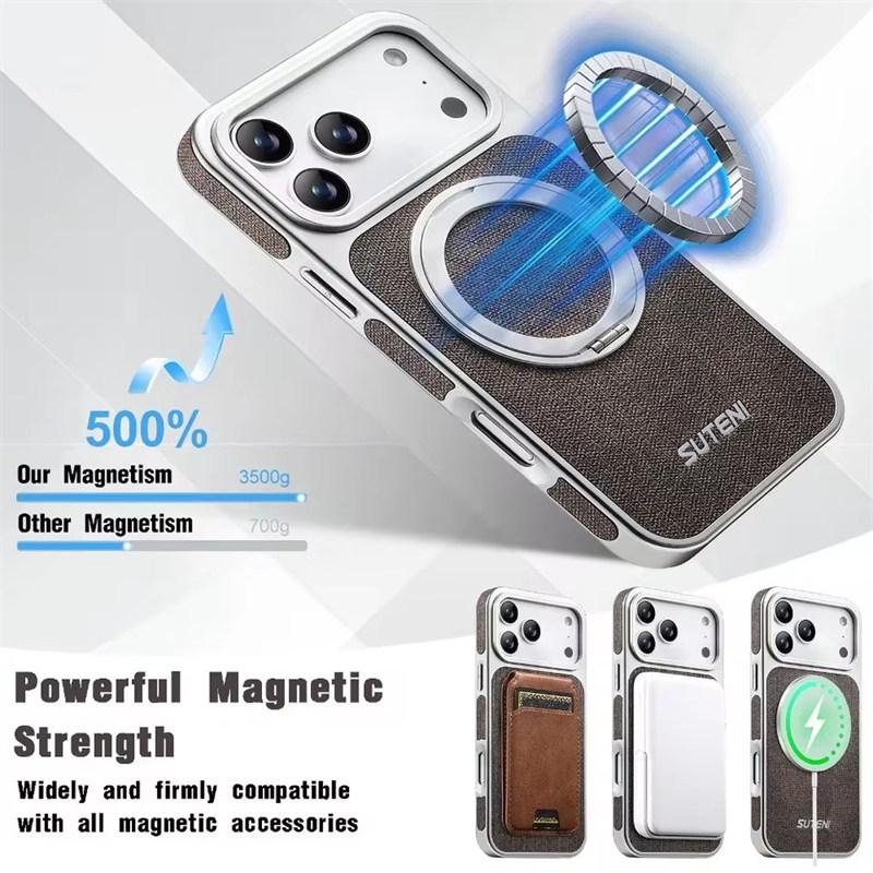 Luxury Back 360° Rotating Stand Solid Color Leather Phone Case for iPhone 13 14 15 16 17 Pro Max with Support Magnetic Charging