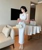 Elegant Off-Shoulder Qipao Evening Gown with Pearl Chain Accents