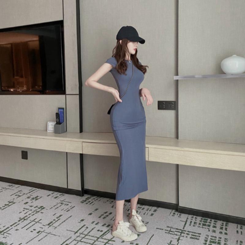 Hong Kong Style Slim-Fit Hip-Hugging Elegant Summer Dress - Short-Sleeved, Waist-Cinching, Sexy and Flattering for Women