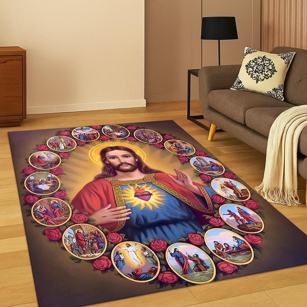 Christian Virgin Mary Jesus Carpet Rug Mat for Living Room Sofa Home Bedroom Doormat Kitchen Decor,Prayer Non-slip Area Rug Gift