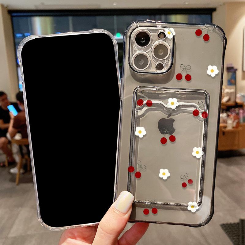 Card Holder Cherry Phone Case For iPhone 13 Funda iPhone 11 16E 16 14 15 Pro Max 12 XR X Xs 7 8 Plus SE Shockproof Silicon Cover