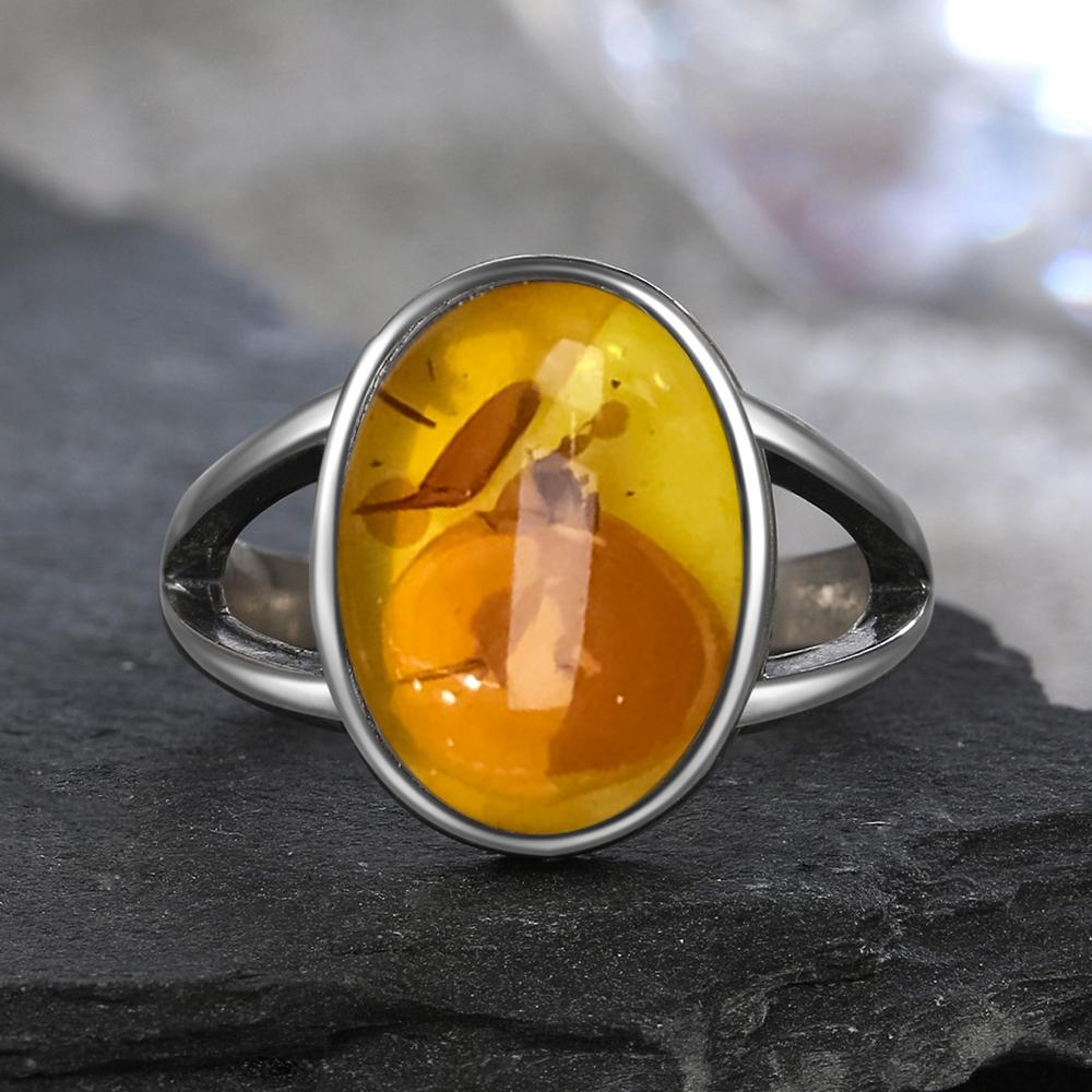 S925 Silver Ring With Natural Amber Stone Flower Shape Oval Petal Amber Stone Gifts Fine Jewelry For Women