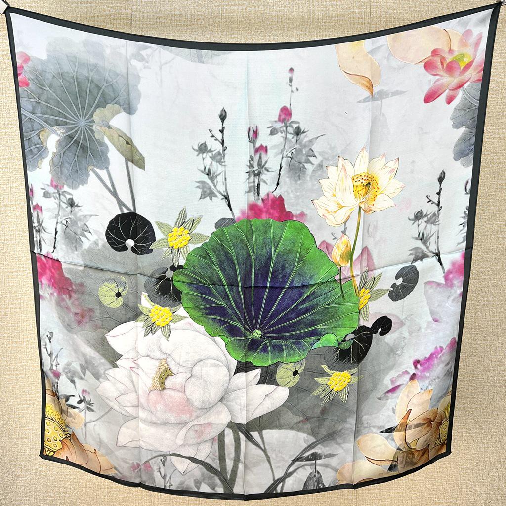Guochao Lotus Landscape 100% Mulberry Silk Scarf - Versatile Women's Square Shawl