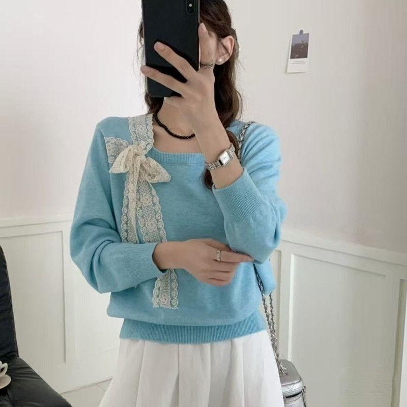 

Вязаный свитер с квадратным вырезом и длинными рукавами, женский весенне-осенний топ базовый слой большого размера с завязками-бантами one size синий