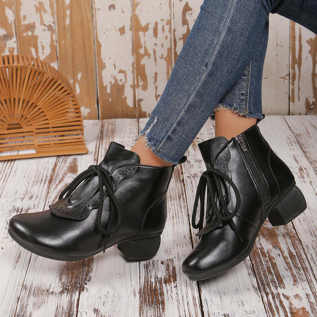 Round Toe Thick Heel Martin Boots for Women's Autumn and Winter New Casual Lace Up Short Boots