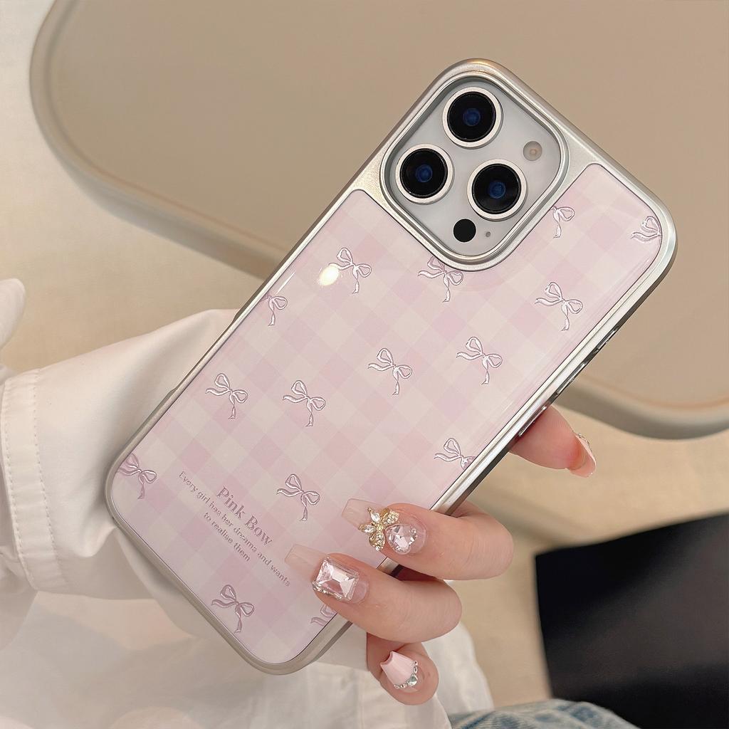 Gilt Gold Is Suitable for Apple 17promax Mobile Phone Case Iphone16 Pink Plaid Bow 13 Electroplated High-quality Mobile Phone Case
