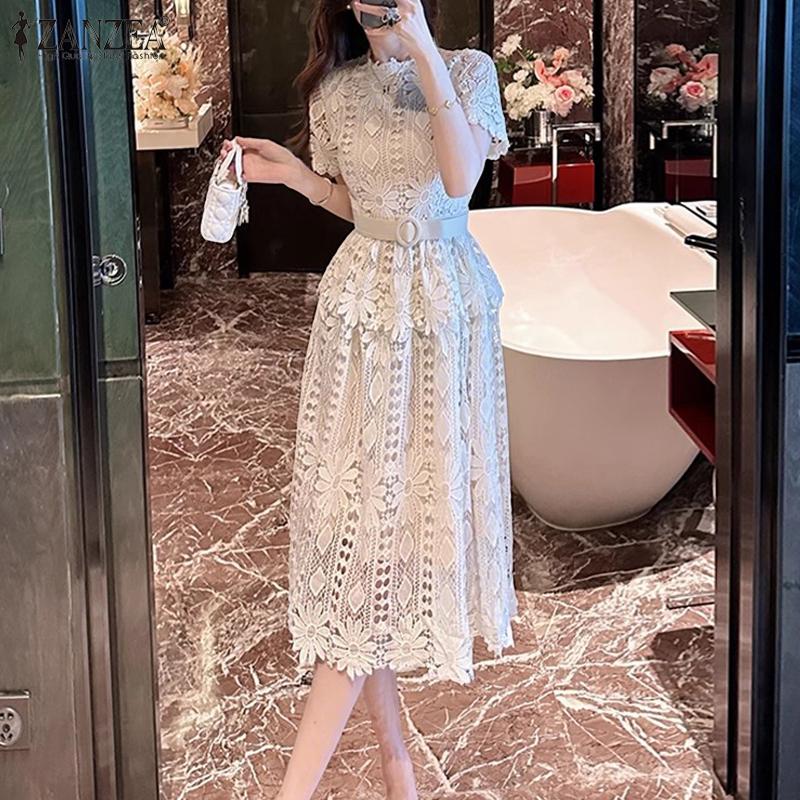 ZANZEA Women Casual Stand Collar Summer Short Sleeve Elegant Lace Dress Buy  cheaply on Joom