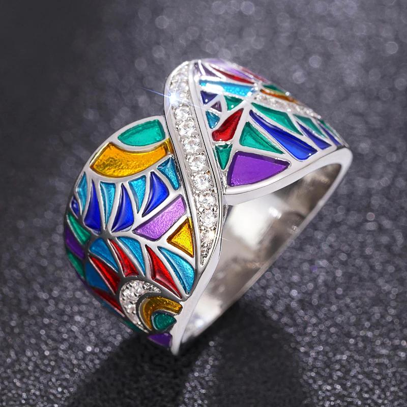 Huitan Colorful Enamel Rings for Women Unique Design Cocktail Rings Party Fancy Birthday Gift Special-interested Female