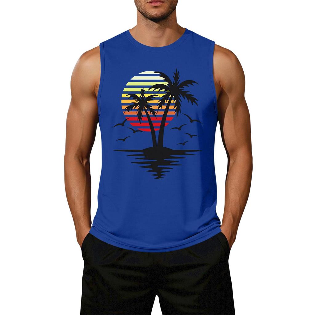 Men's Loose Fit Casual Sleeveless Tank Top Palm Tree Graphic Print Summer Beachwear Muscle Shirt