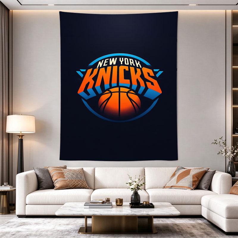 New York Knicks dark navy poster with orange and blue NEW YORK KNICKS wordmark arched over an orange basketball circle, Wall Hanging