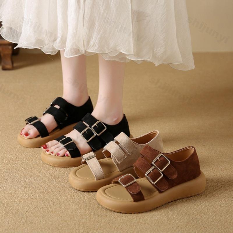 Fashion Roman Style Retro Casual Thick Soled Sandals for Women's 2025 Summer New Hollow Breathable Comfortable Shallow Mouth Beach Flats