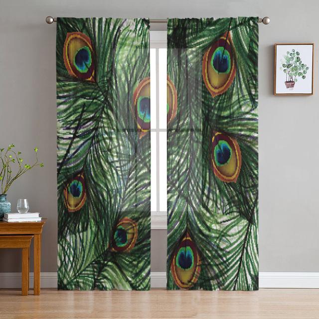 Peacock Feathers Green Curtain Window Tulle For Living Room Bedroom Kitchen Chiffon Sheer Window Treatment Decorations