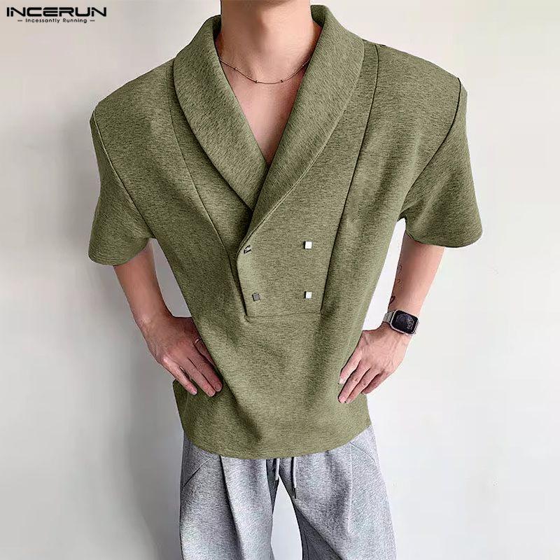 INCERUN Mens Lapel Neck Short Sleeve Casual Loose T-shirts Tops