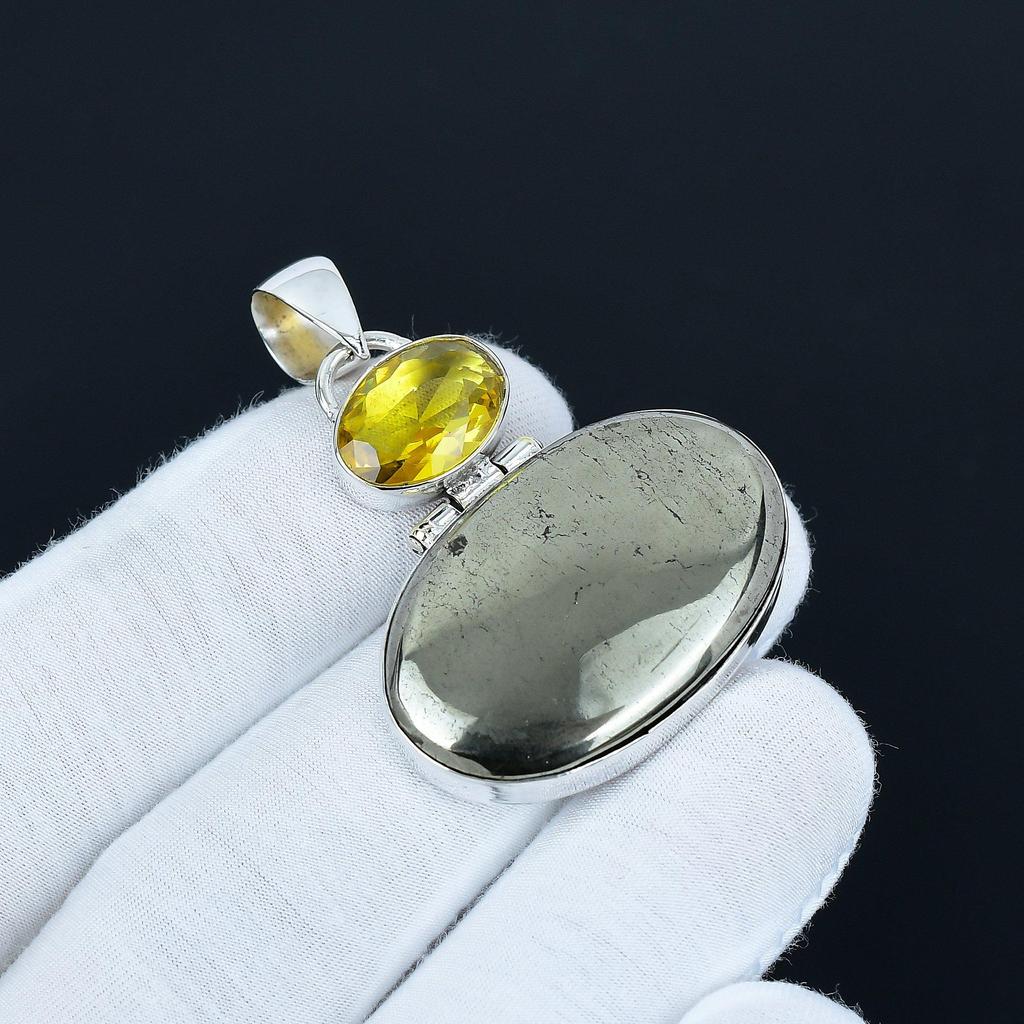Golden Apache Pyrite & Citrine Gemstone Pendant Handmade 925 Sterling Silver Pendant Designer Artisan Jewelry Handmade Pendant Anniversary Gifts