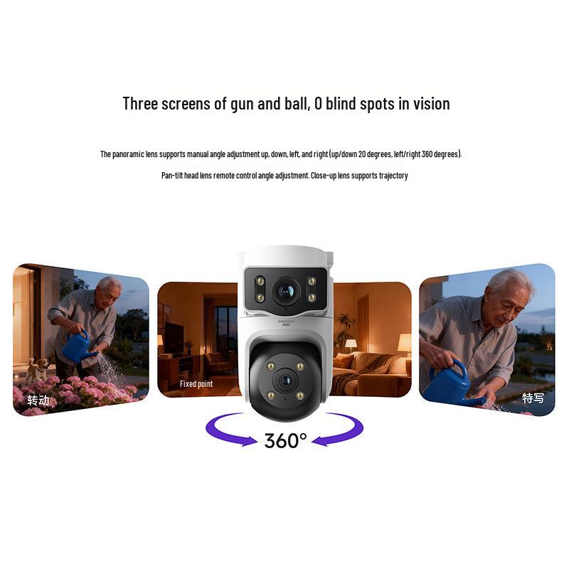 Shenmu PT4 Tri-Screen Dual-Lens Outdoor Camera: Cold-Resistant, Freeze-Proof, All-Weather Monitoring with 360-Degree Field of View.