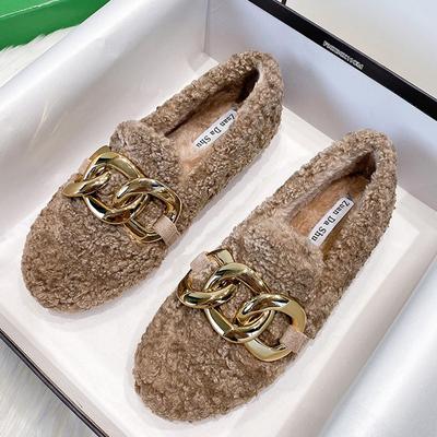 Brand Metal Chians Fur Flats Women Big Gold Buckle Lambwool Moccasins Female Round Toe Warm Cotton Winter Shoes Big Size 34-43