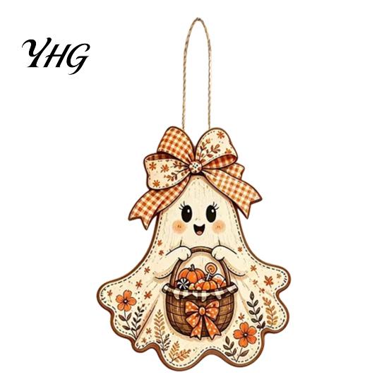 Decorative Wood Hanging Plaque Cute Bow Ghost Sign, Rustic Retro Floral Door Sign with Pumpkin Decoration Basket, Vintage Halloween Wooden Pendant for