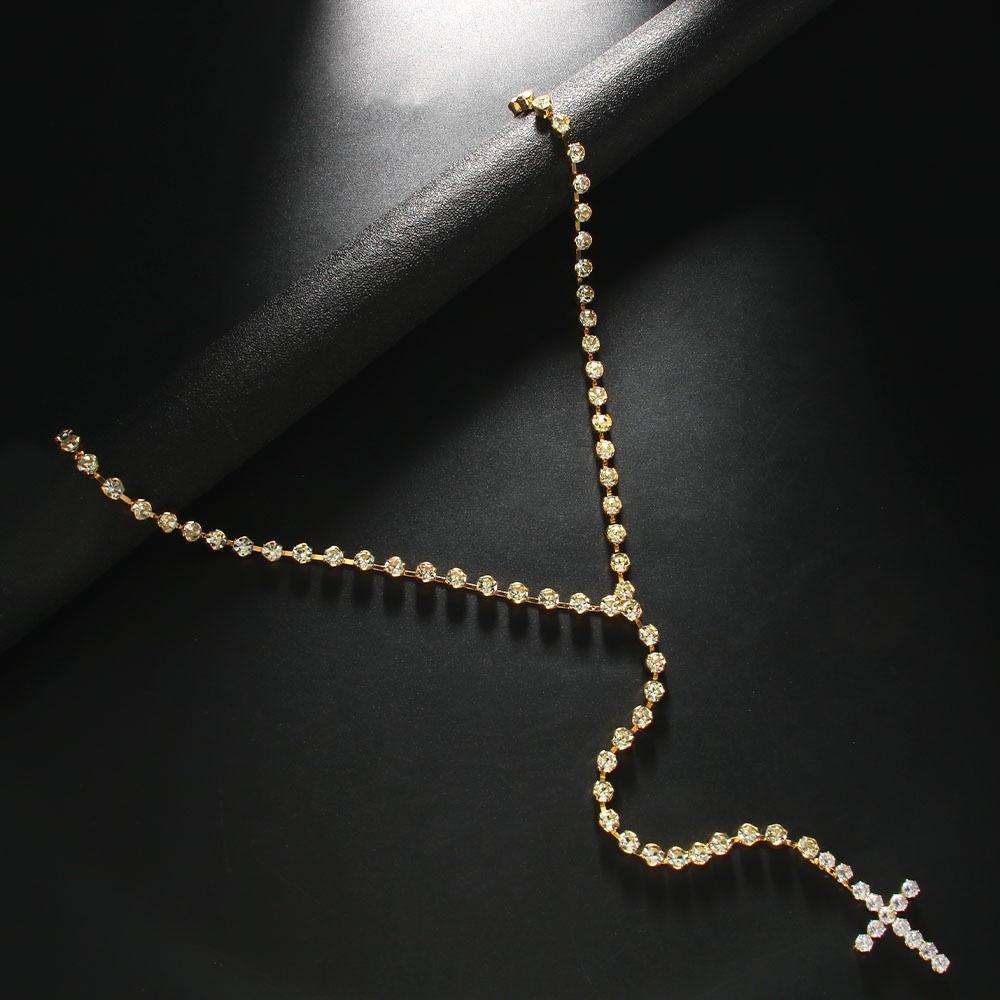 Rhinestones Cross Pendant Necklace Shiny Clavicle Chain  Jewelry Accessories