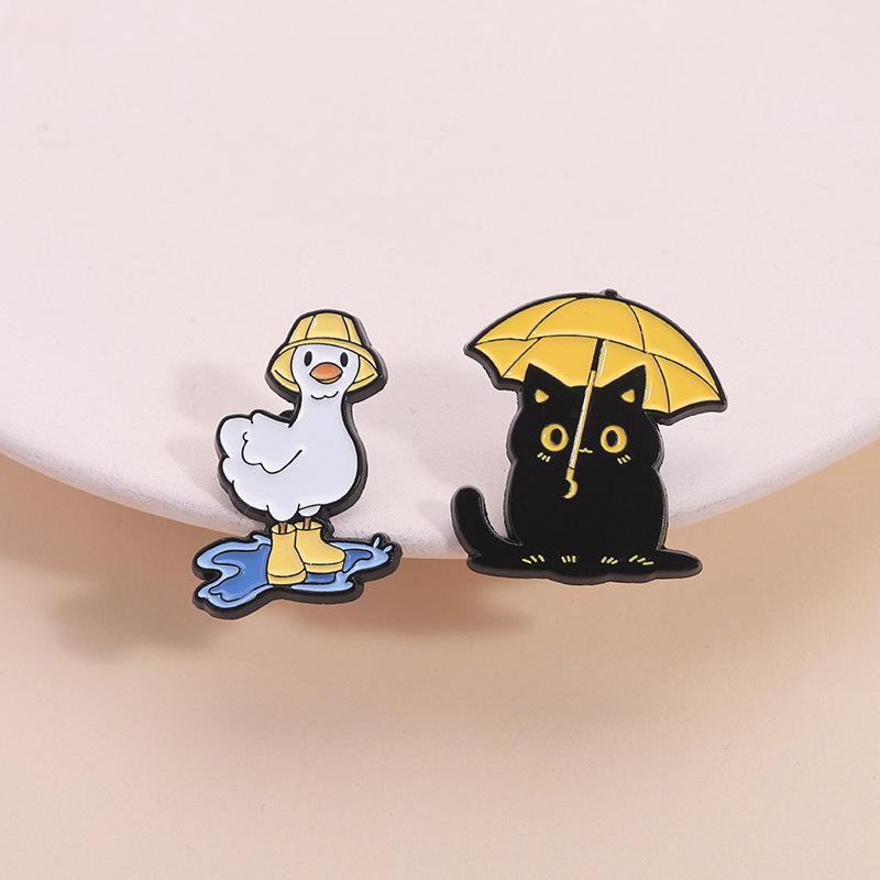 Funny Black Cat With Umbrella Enamel Pins Duck With Rain Boots Metal Brooches Lapel Badge Jewelry Gifts For Friends