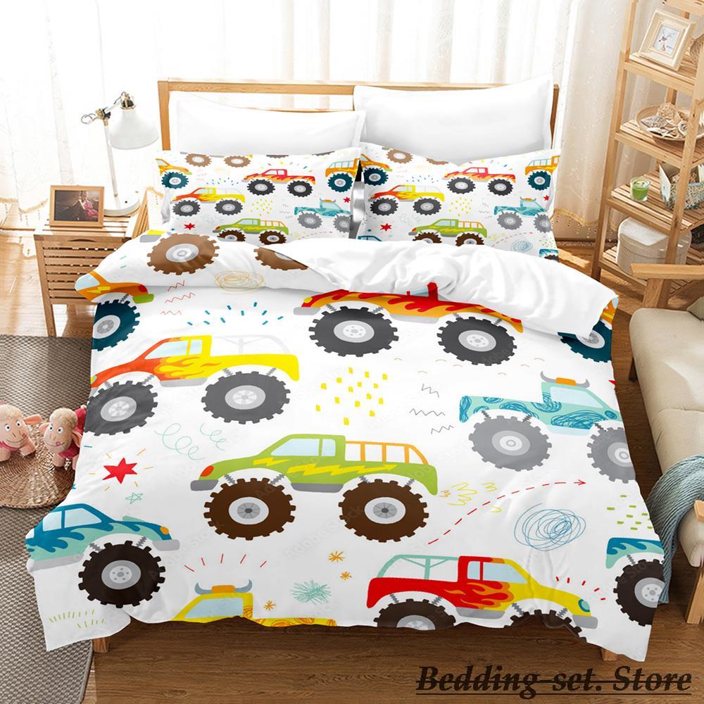 Kreskówkowy Zestaw Pościeli Monster Trucks DS Pojedynczy Bliźniak Pełny Queen King Size Zestaw na Łóżko Dorosły Dziecko Sypialnia Zestawy Poszewek na Kołdrę Anime Kawaii