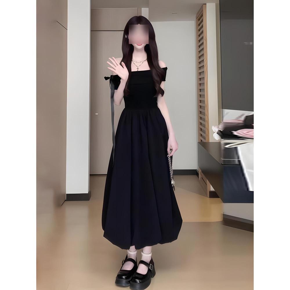 Women's clothing one-word shoulder slanted shoulder dress summer casual temperament women cover the meat and look thin waist temperament long skirt