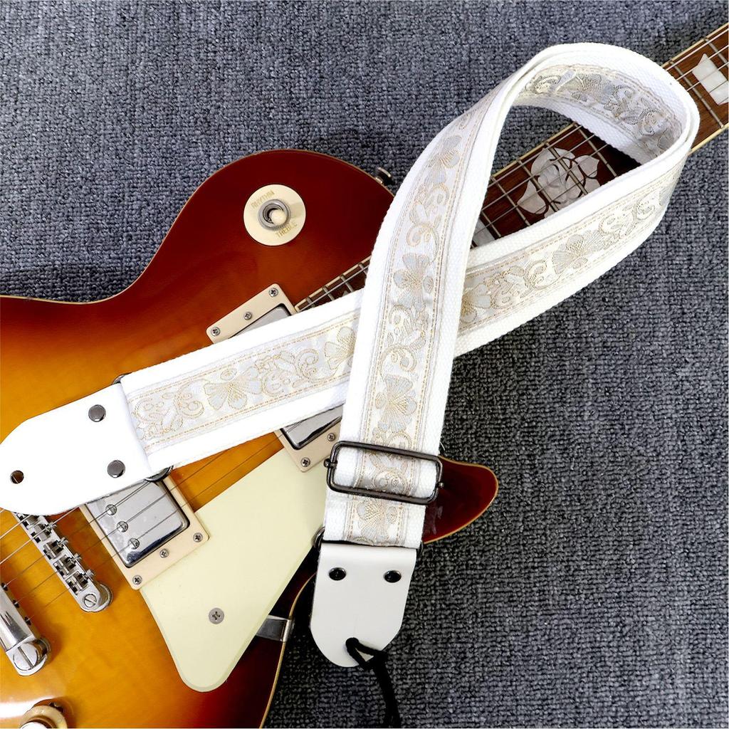 Rococo Embroidered White Cowhide Bass & Guitar Shoulder Strap
