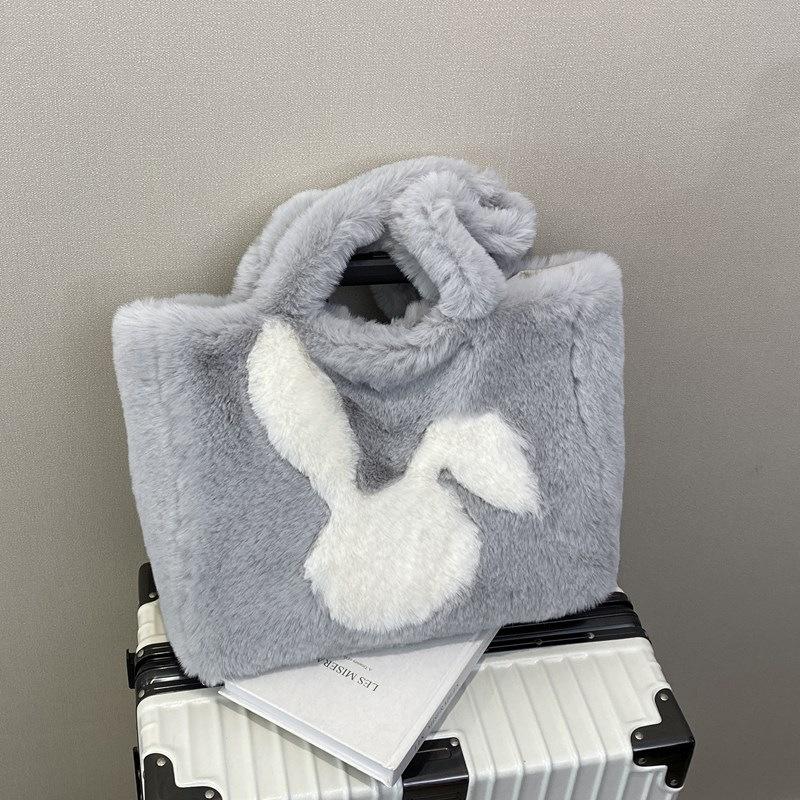 Furry Women's Bag Winter New Portable Plush Commuter Tote Bag Cute Big Ears Rabbit Casual Shoulder Bag