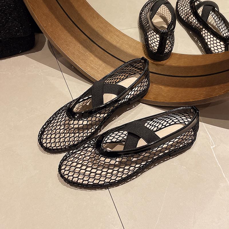 Fashion One-line Belt Mesh Woven Hollowed-out Baotou Semi-drag Women's Shoes Summer New Flat-soled Fisherman's Shoes