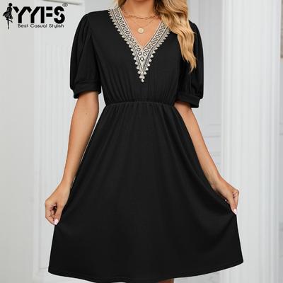 Women's Fashion Summer Spring Solid Color Print Short Sleeve V-Neck High Waist Casual Dresses