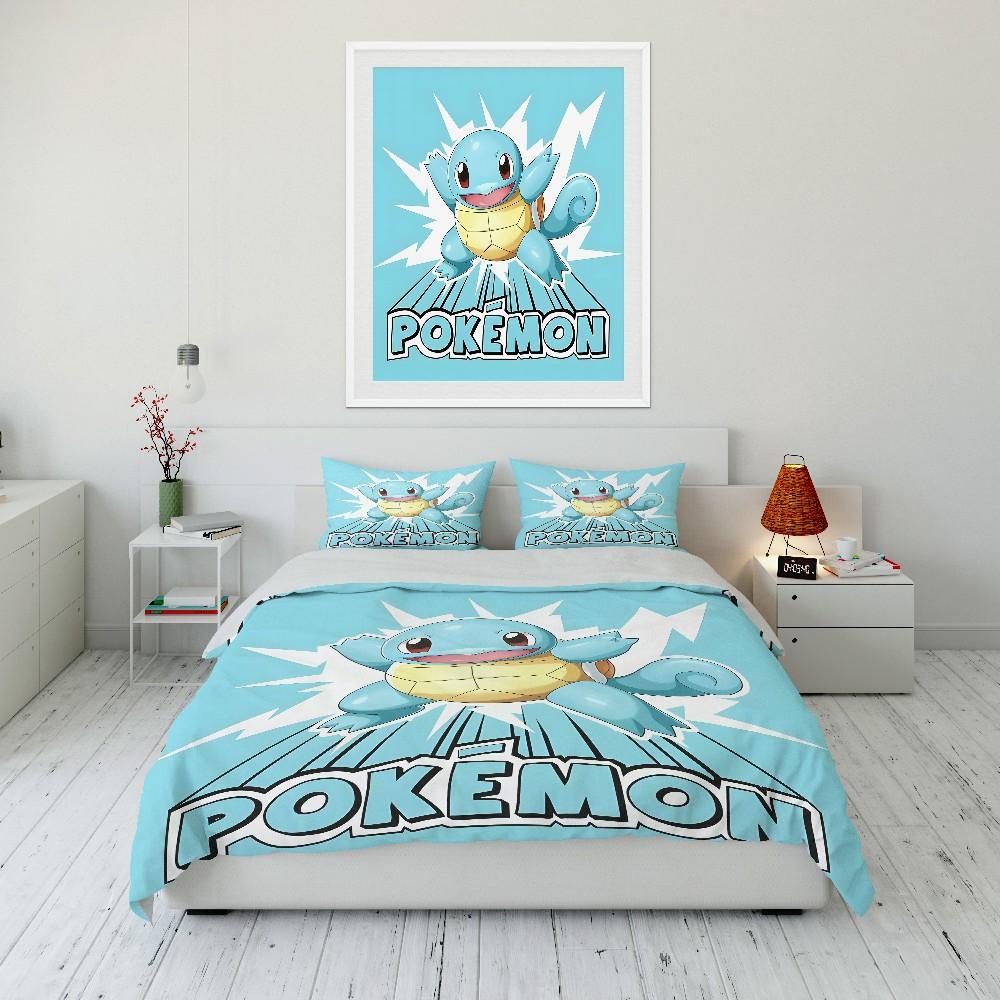 Gift for Anime Fans Pokemon Squirtle Printed Bedding Set 3PC Duvet Cover Adult Kids Gift Full Size Bedding Set Home Bed Decor