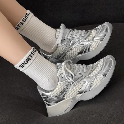 Sneakers Spring and Summer New Silver Breathable Running Casual Shoes Mesh Thick Sole Heightening Dad Shoes