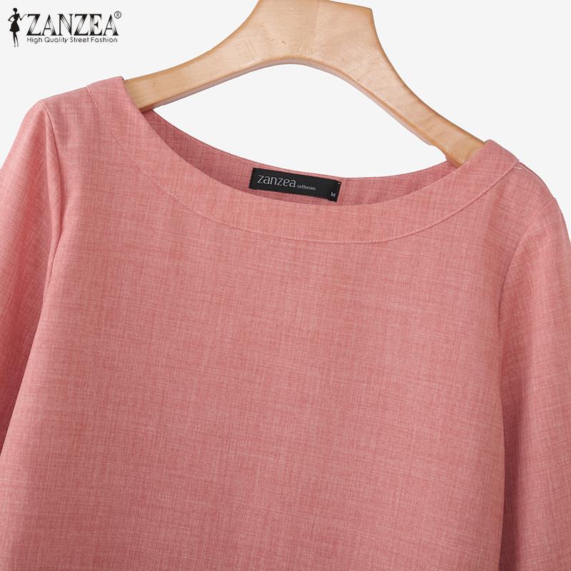 ZANZEA Damen Lässig Rundhals 3/4-Ärmel Einfarbig Locker Bluse