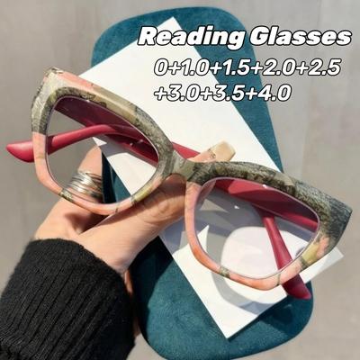 Stilvolle Katzenaugen-Presbyopiebrille mit floralem Muster, großes Gestell, bequeme Federscharniere, Blaulichtfilter-Lesebrille