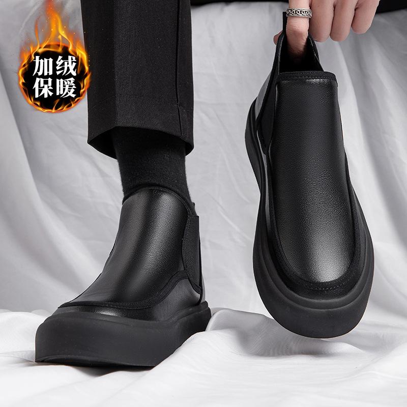 

Мужские зимние хлопковые ботинки мартин, бархатные сноубутсы, высокие, кожаные, трендовые, на платформе, короткие ботинки 44