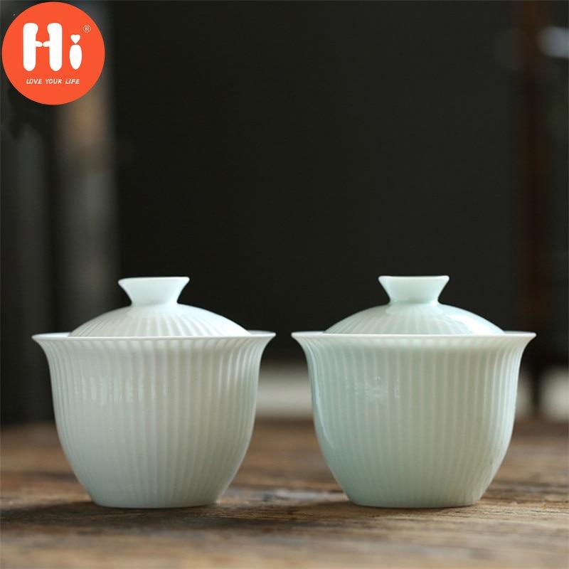 Hi Modern Jade Clay Shadow Green Kung Fu Gaiwan Ceramic Tea Bowl with Cover White Porcelain Office Teacup Drinkware
