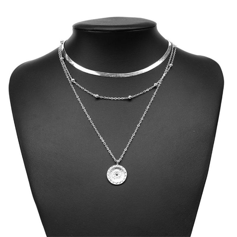 Fashion Flat Snake Chain With Three Layer Coin Disc Pendant Necklace For Women  Accessories
