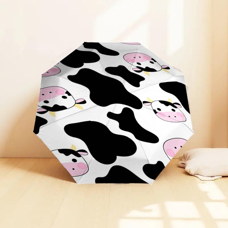 Cute Cow Print Automatic Folding Umbrella - Portable 3-Fold Design with Iron Frame, Perfect for Fans, Travelers, Daily Use, and Gifts!112515