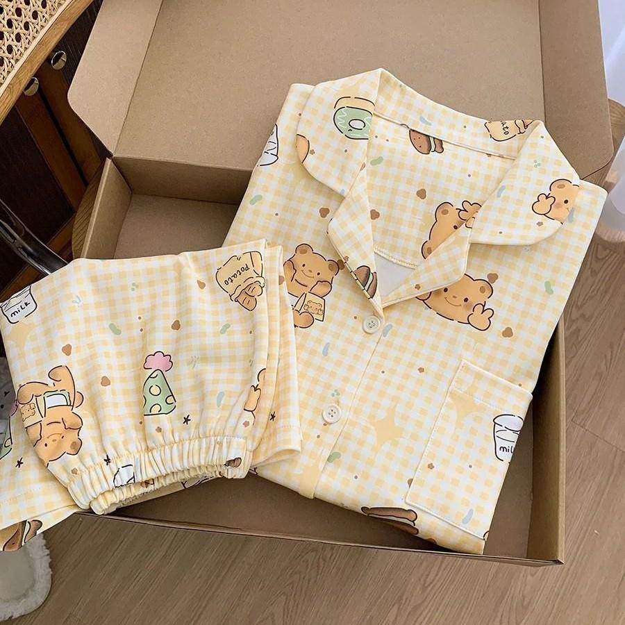 Japanese Soft Cute Yellow Plaid Bear Pajamas Women's Summer Short-sleeved Shorts Cardigan Set Loungewear Girl Two-piece Set
