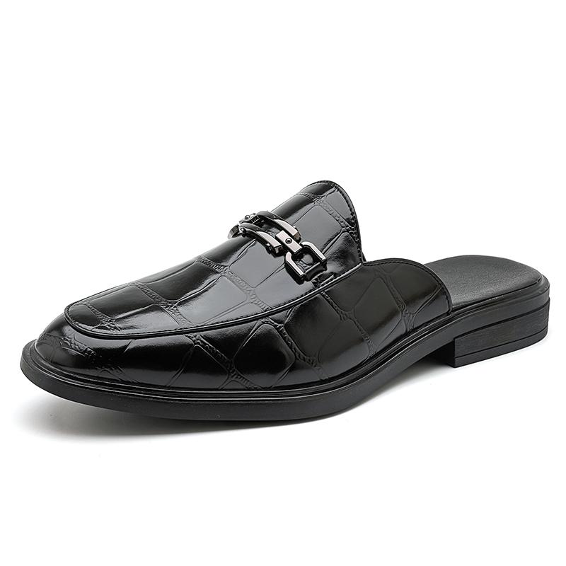 Fashion Fashion New Men's Black Grey Brown Crocodile Pattern Leather Half Slippers Shoes Male Casual Mules Moccasins Breathable Loafers