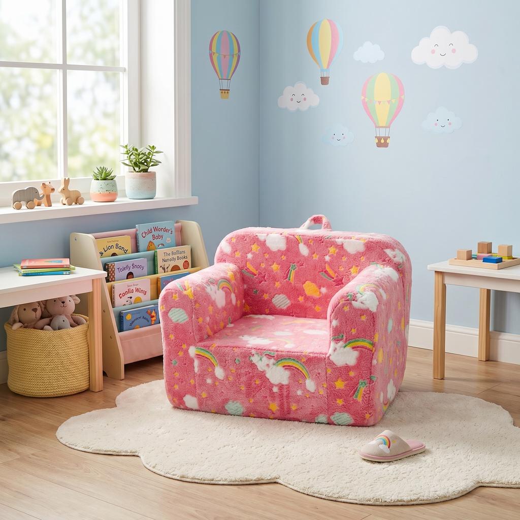 Children's Sofa, Kids Couch with Carrying Handle and Side Pockets, Kids Foam Chair, Toddler Armchair, Lightweight Kids Sofa Chair, Pink Rainbow