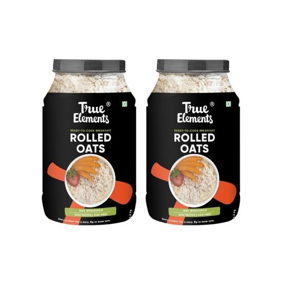 True Elements Rolled Oats - 100% цельное зерно | Диетическое питание | Хлопья на завтрак | Суперэкономный овсяный комбо-пакет | Высокое содержание клетчатки | Крупный овес 1 кг (Упаковка из 2 шт.)