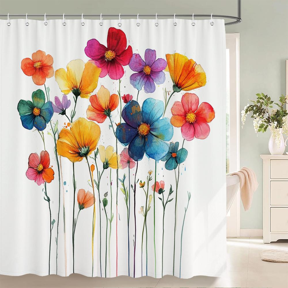 Watercolor Flowers Shower Curtain, Floral Plant Bathroom Decorative Shower Curtain, Waterproof Shower Curtain with Hooks